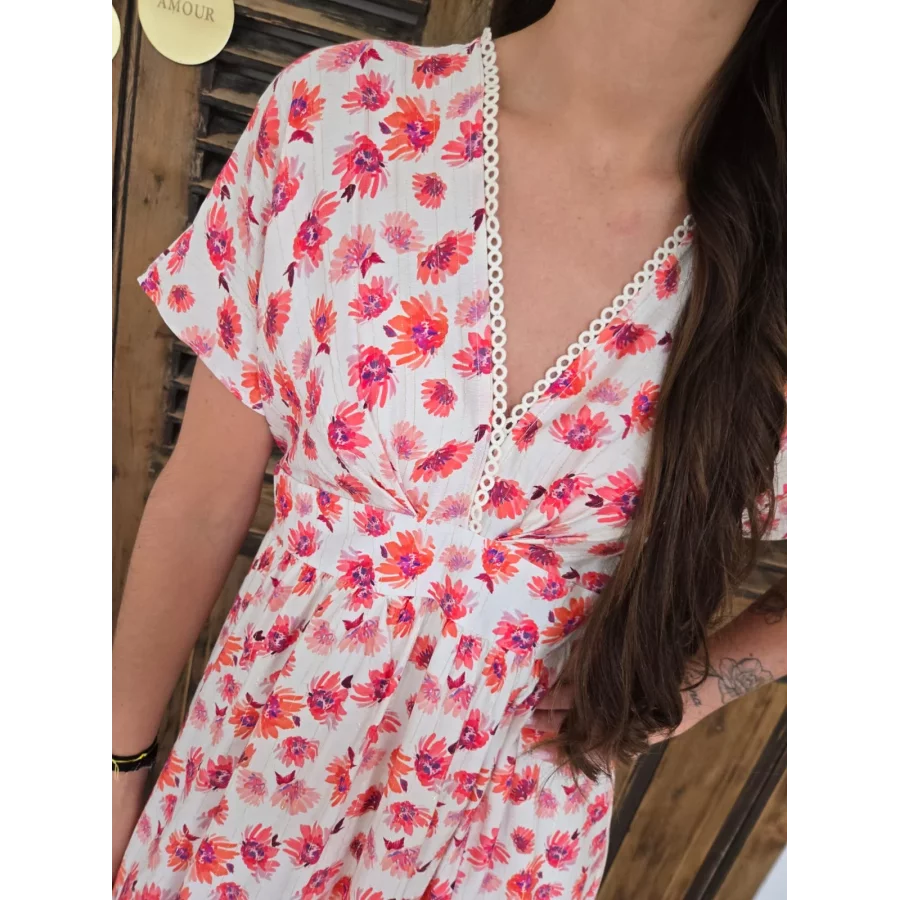 Robe longue Madeleine fleurs corail