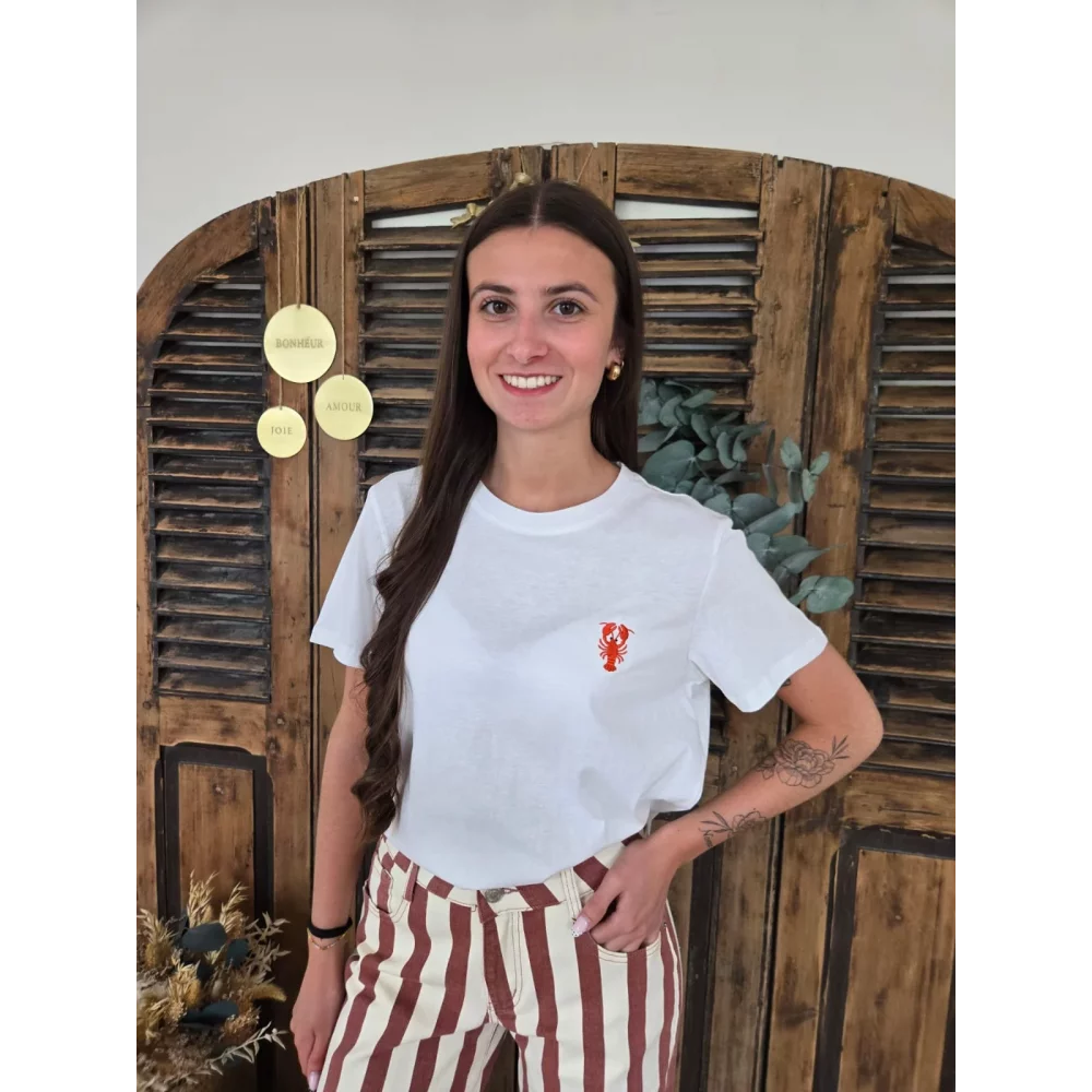 T-shirt blanc broderie homard