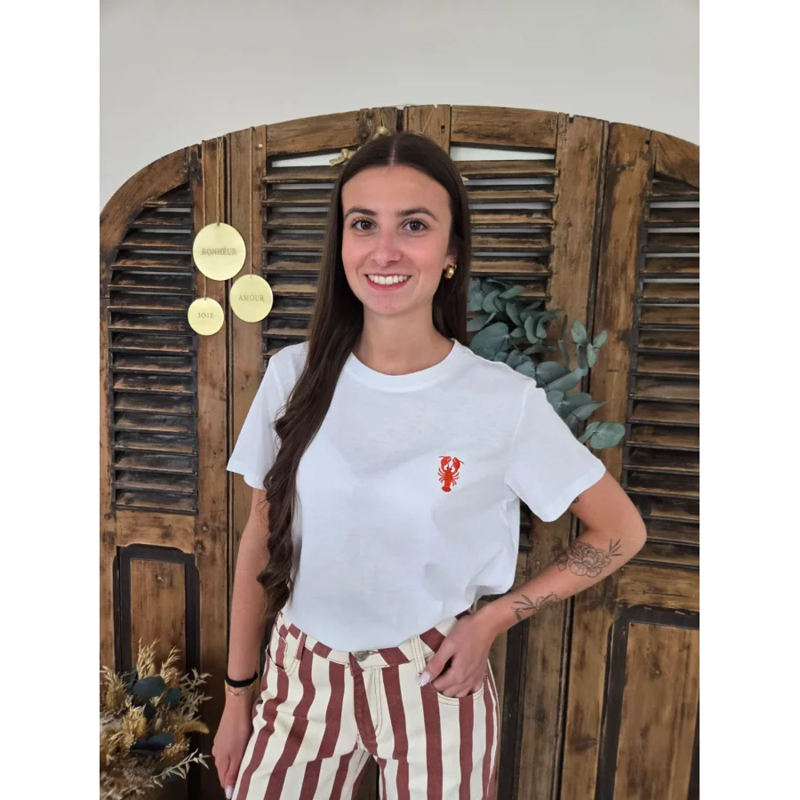T-shirt blanc broderie homard