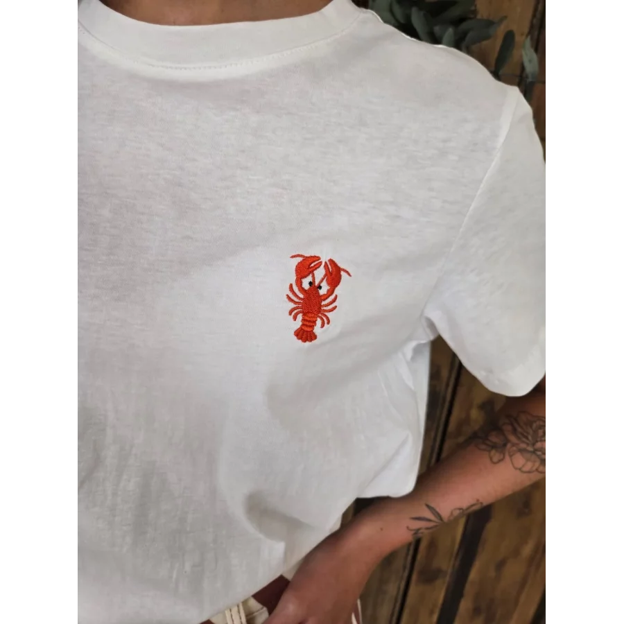 T-shirt blanc broderie homard