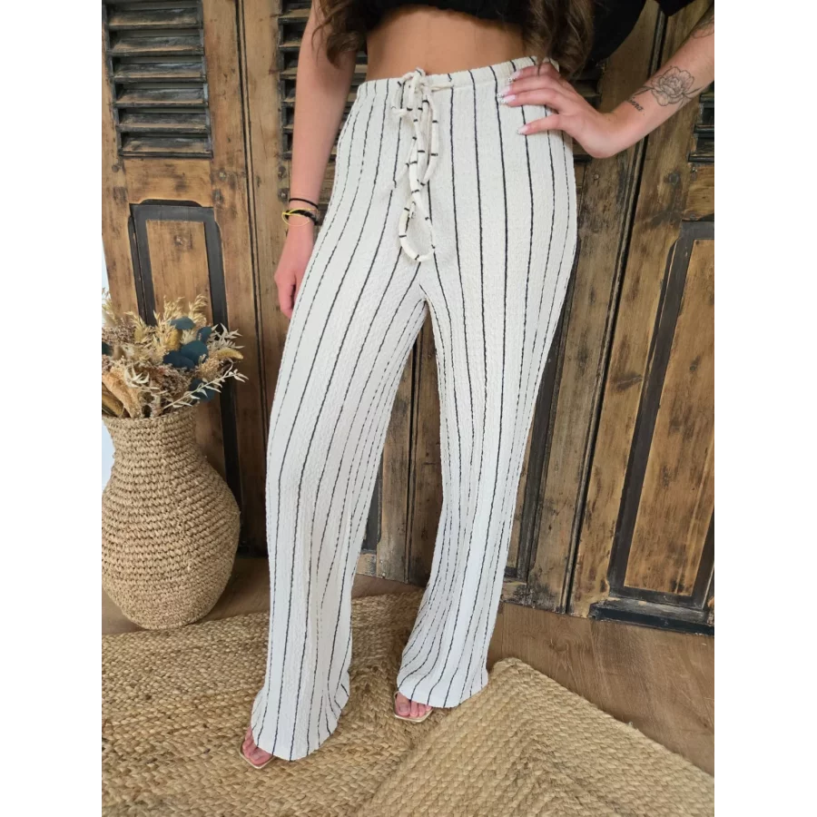 Pantalon Jean beige rayé noir