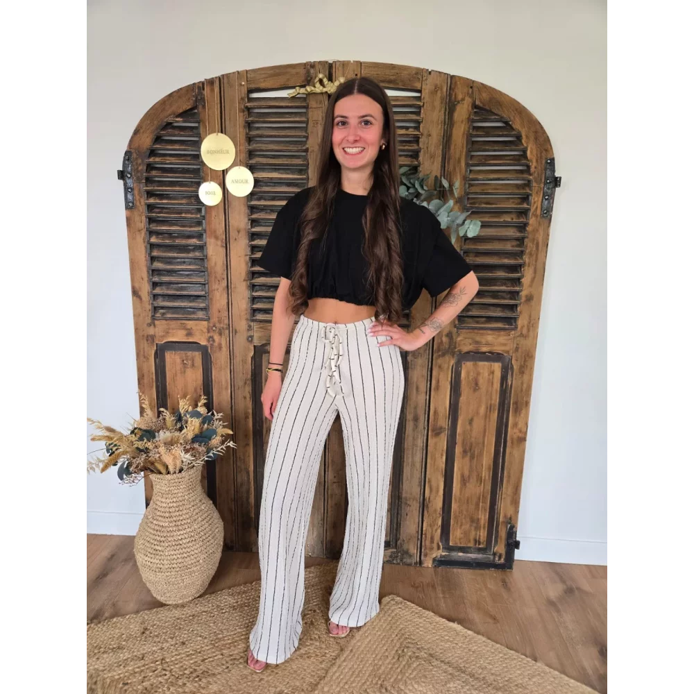 Pantalon Jean beige rayé noir