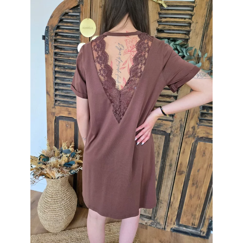Robe t-shirt Anaelle choco dos V dentelle