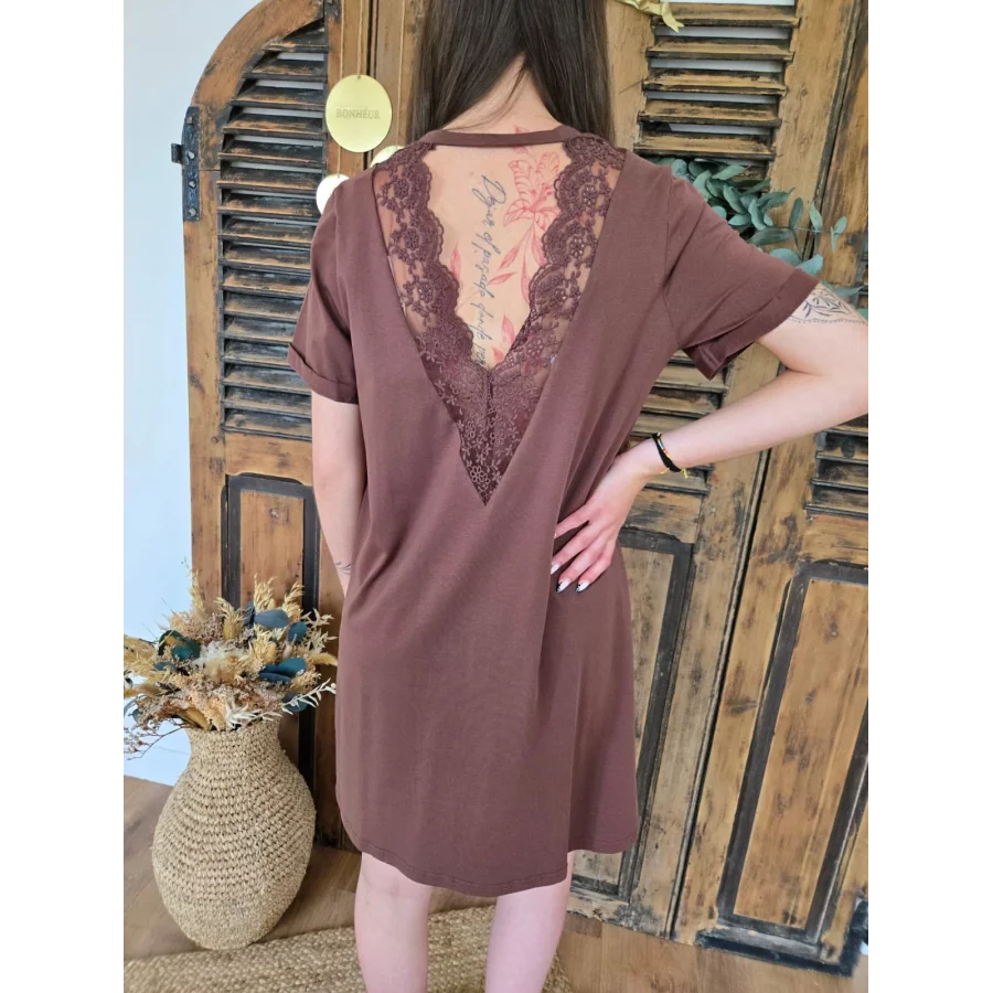 Robe t-shirt Anaelle choco dos V dentelle