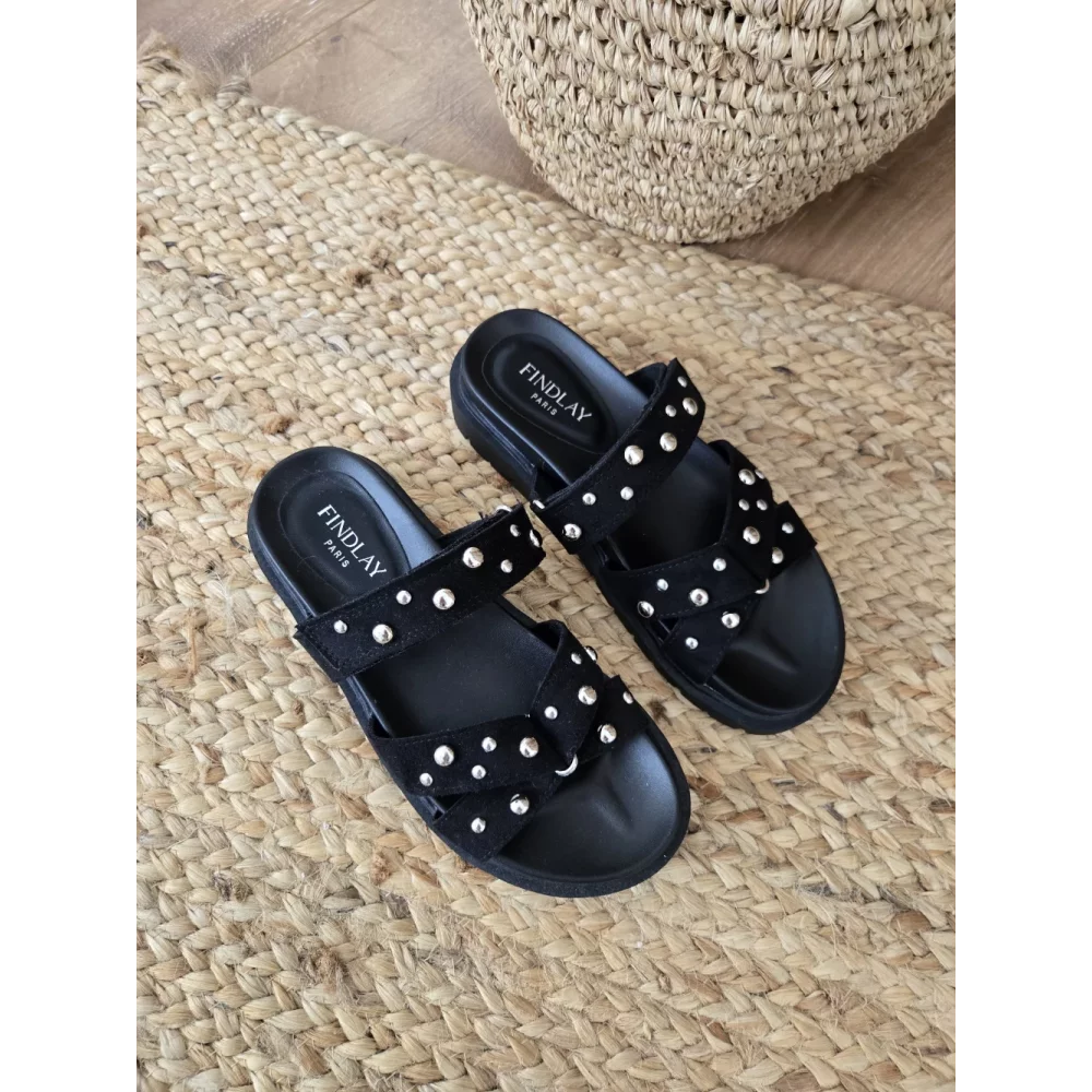 Mules noir suedine et clous argent