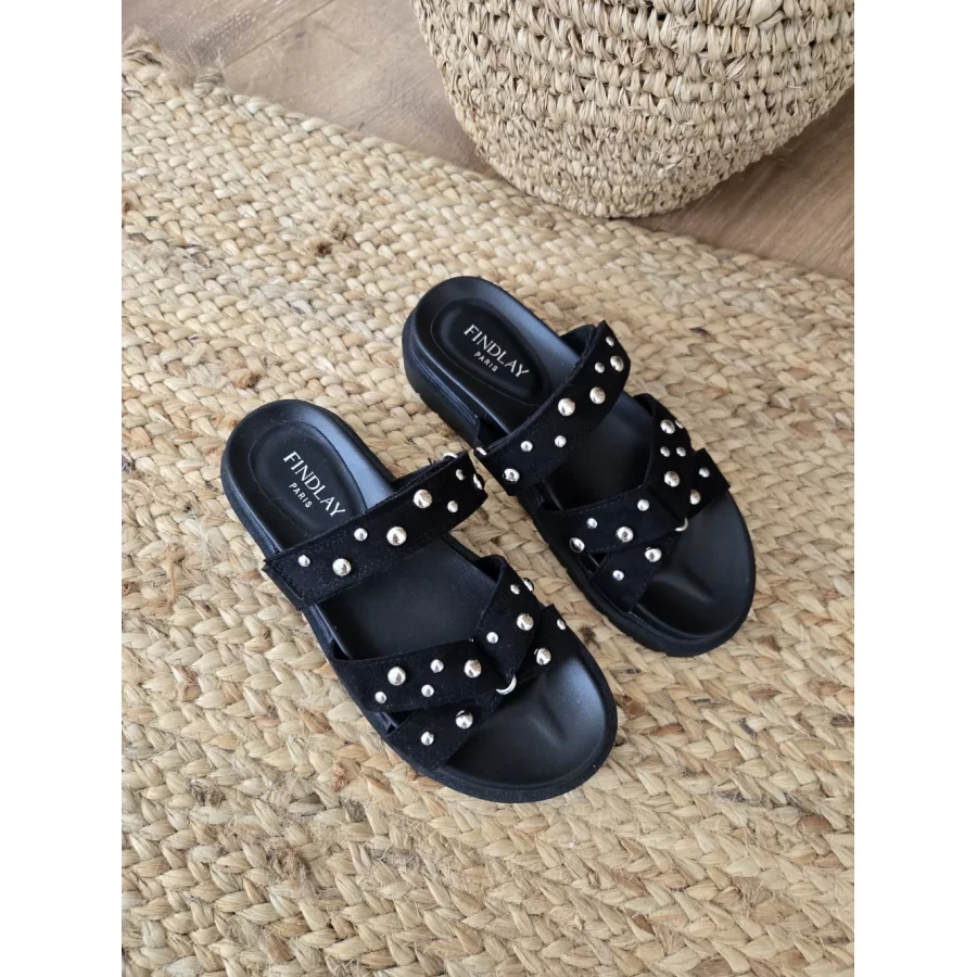 Mules noir suedine et clous argent