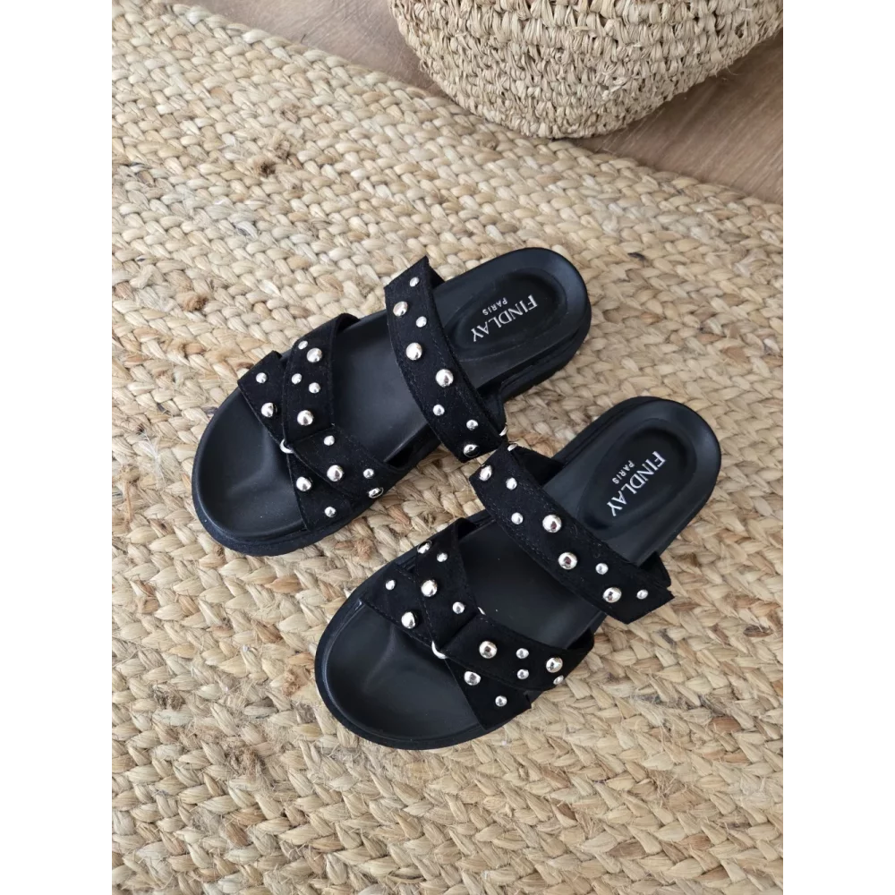 Mules noir suedine et clous argent