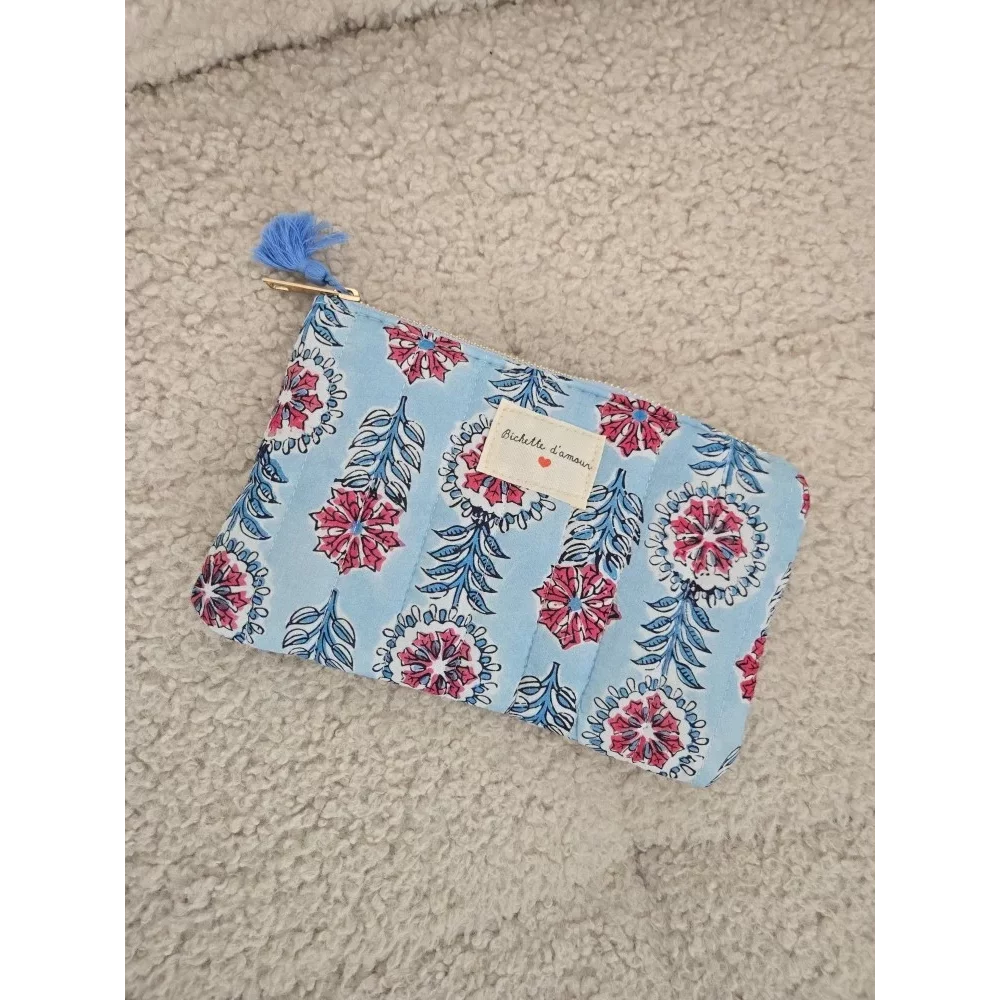 Pochette Trousse bleu ciel fleurs fuchsia