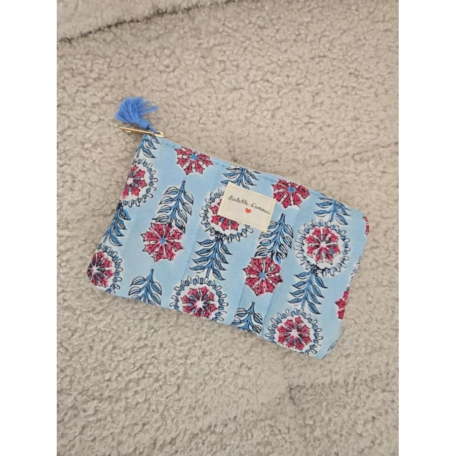 Pochette Trousse bleu ciel fleurs fuchsia
