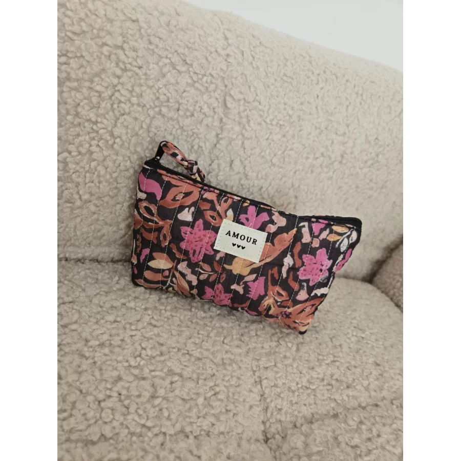 Petite Trousse noir fleurs rose Amour