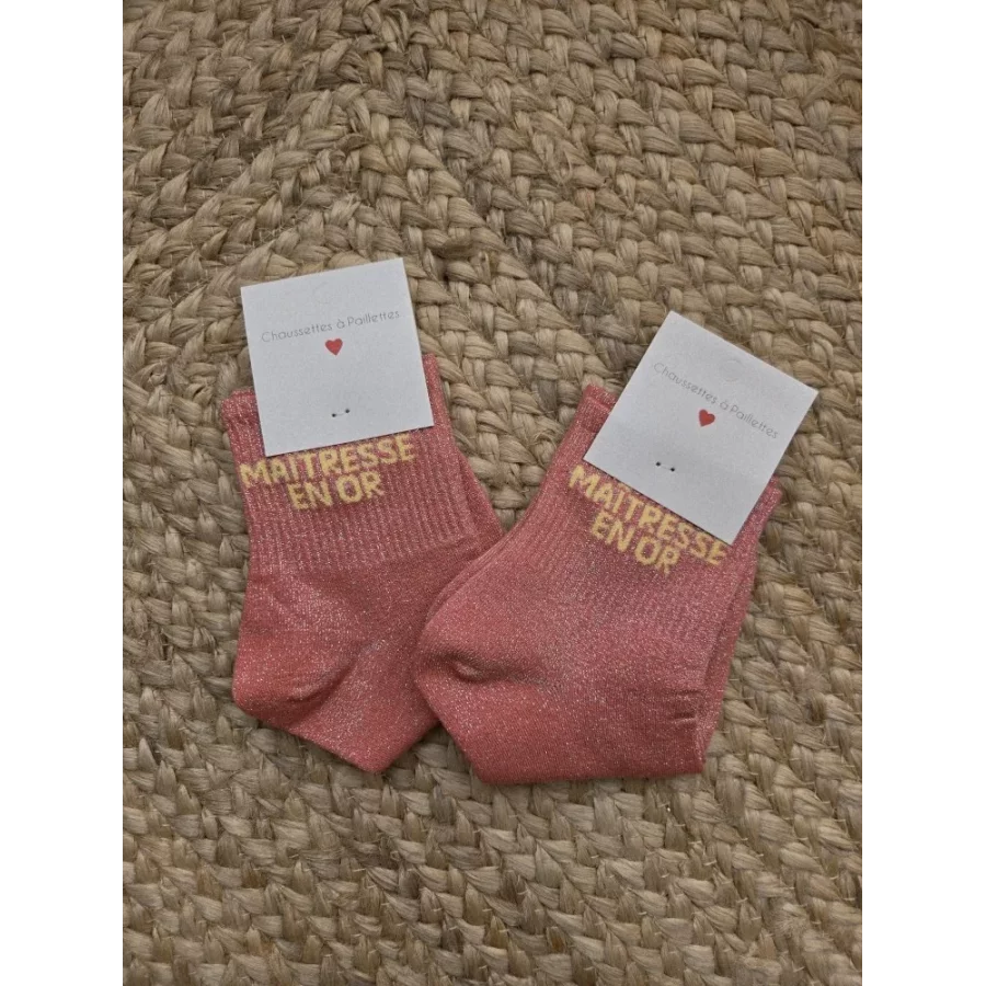 Chaussettes à paillettes Maitresse en or corail