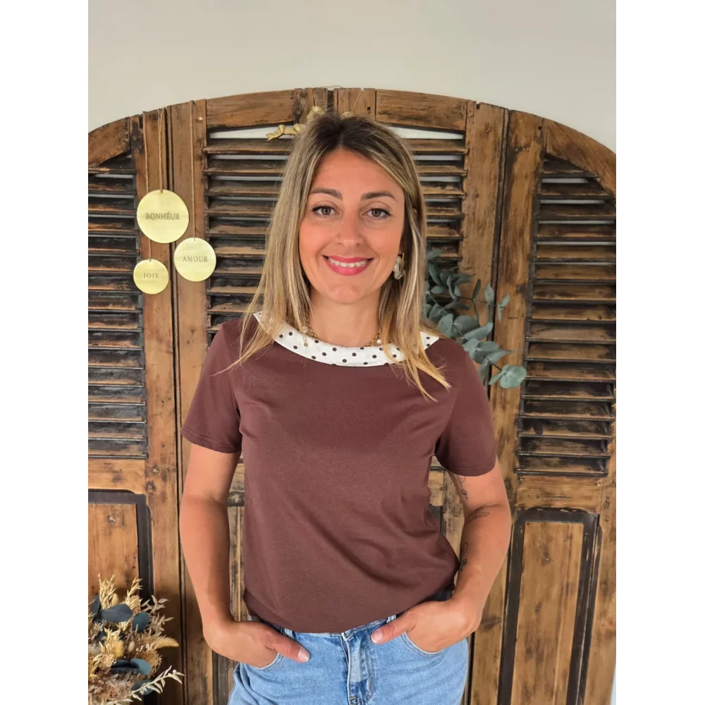 T-shirt Leo choco col bénitier à pois
