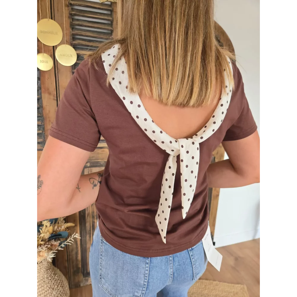 T-shirt Leo choco col bénitier à pois