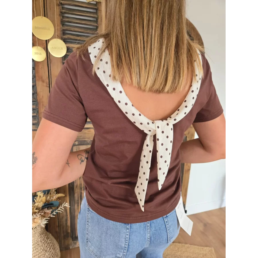 T-shirt Leo choco col bénitier à pois