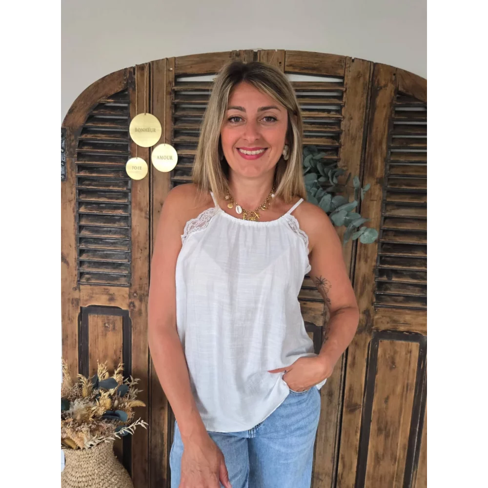 Top bretelle Loris blanc biais dentelle