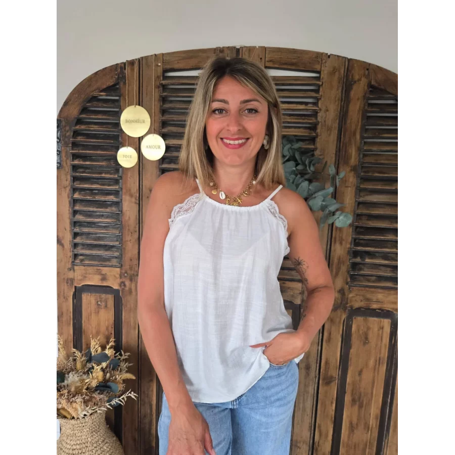 Top bretelle Loris blanc biais dentelle