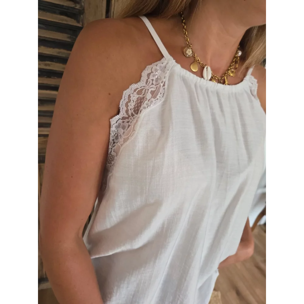 Top bretelle Loris blanc biais dentelle