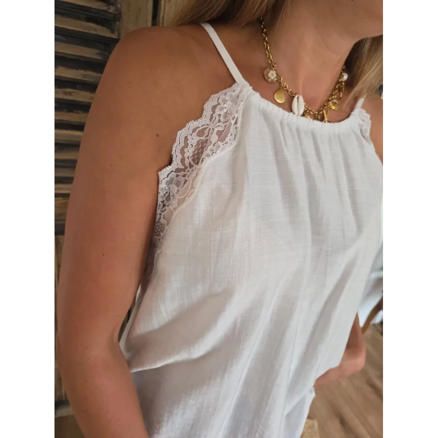 Top bretelle Loris blanc biais dentelle