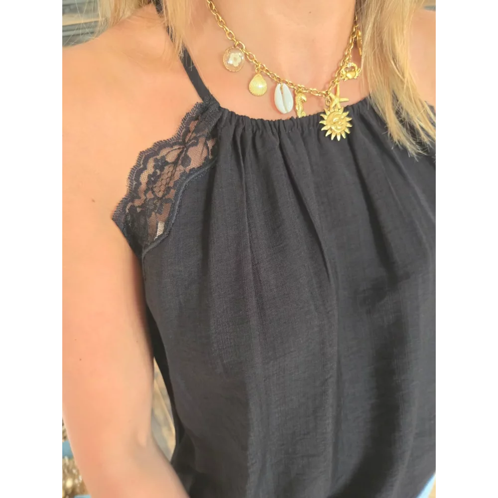 Top bretelle Loris noir biais dentelle