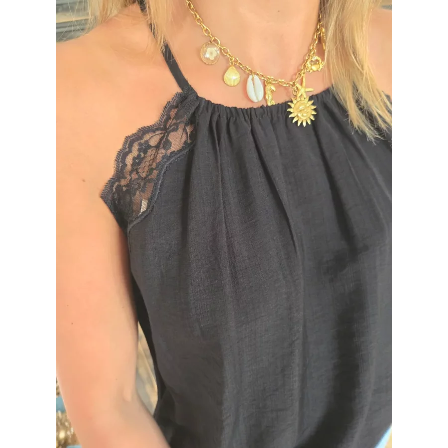 Top bretelle Loris noir biais dentelle