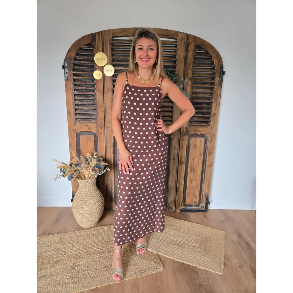 Robe longue Estelle choco pois beige