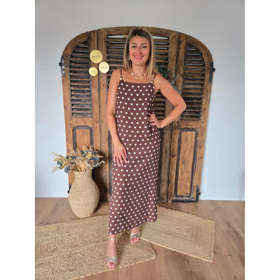 Robe longue Estelle choco pois beige
