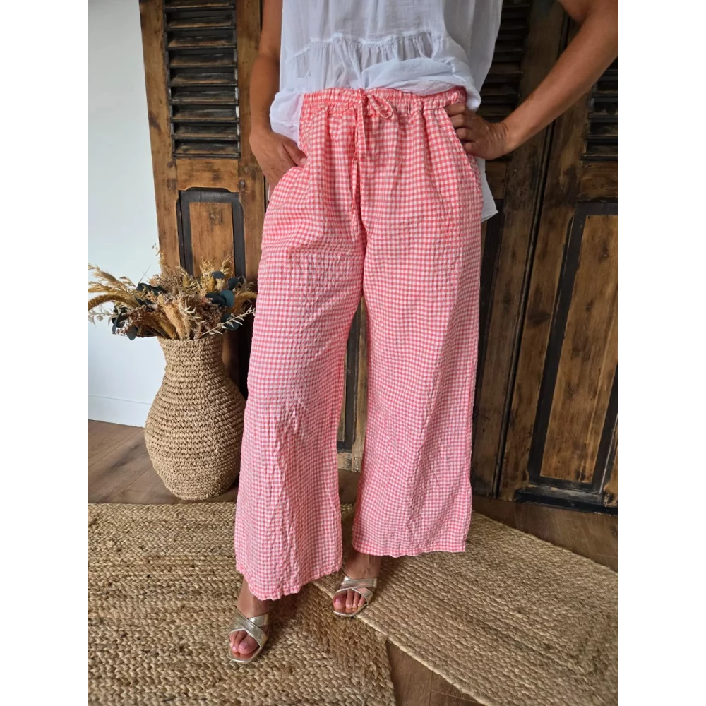 Pantalon fluide vichy corail