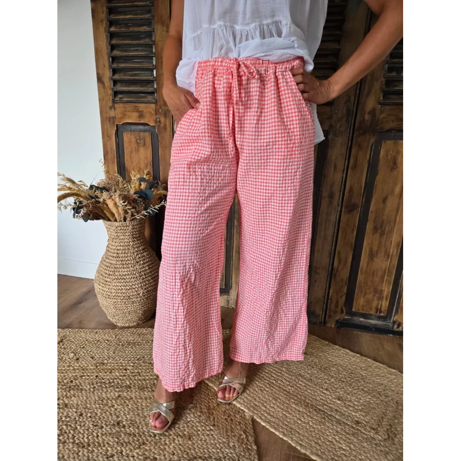 Pantalon fluide vichy corail
