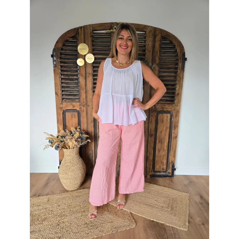Pantalon fluide vichy corail