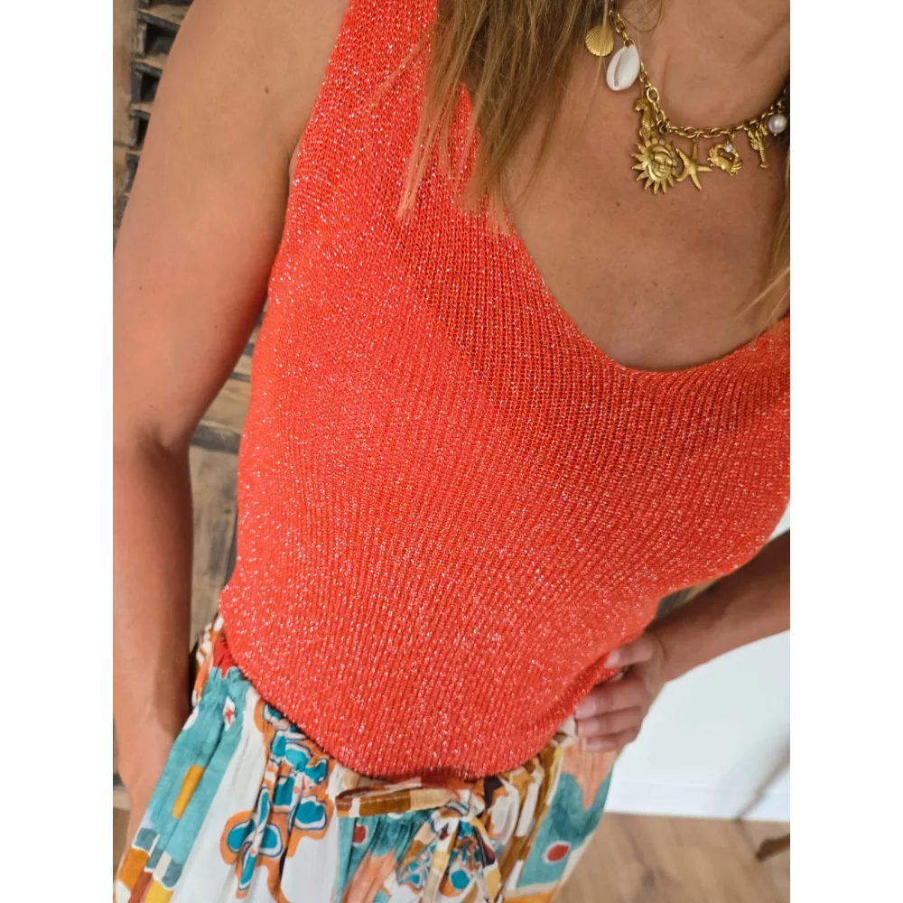 Top Hector en maille lurex orange