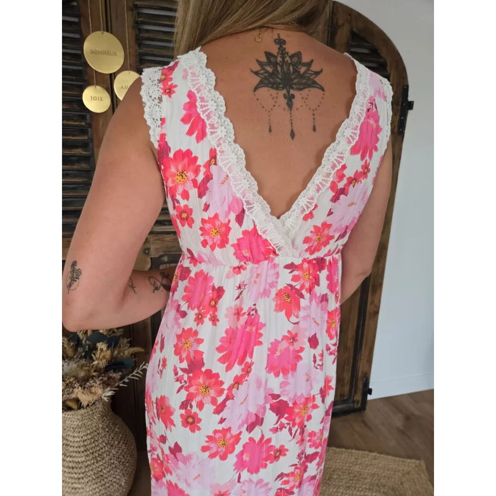 Robe longue Liliane dentelle et fleurs fuchsia