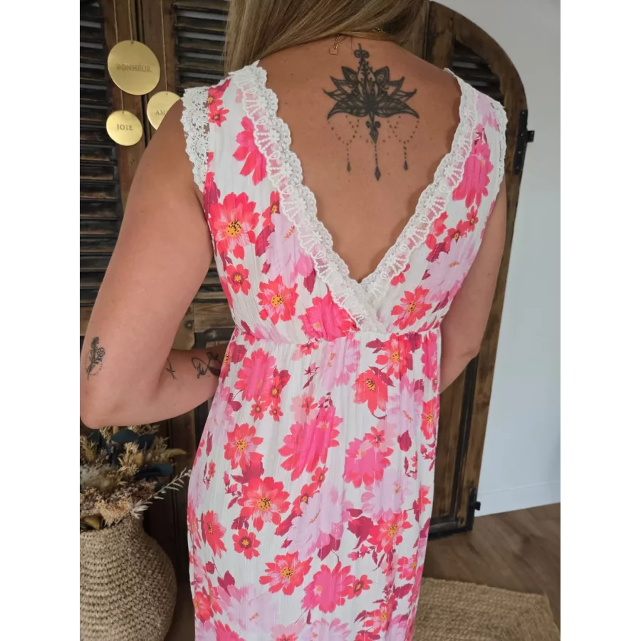 Robe longue Liliane dentelle et fleurs fuchsia