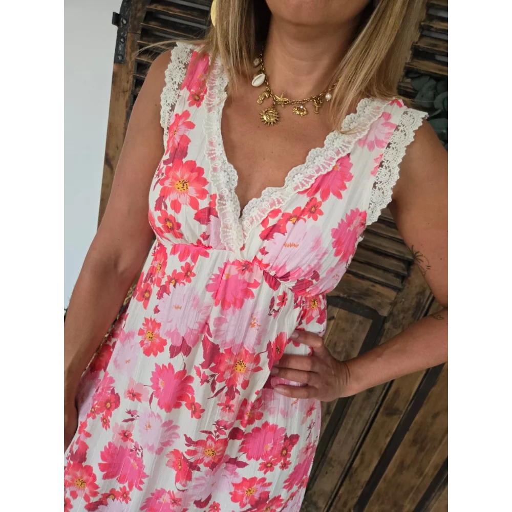 Robe longue Liliane dentelle et fleurs fuchsia