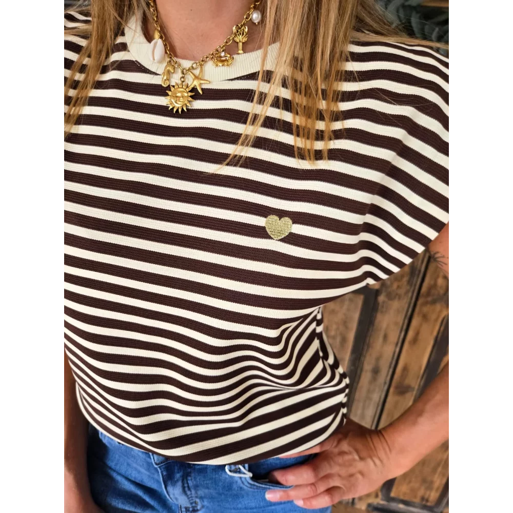 T-shirt Laurent rayé beige et choco coeur doré