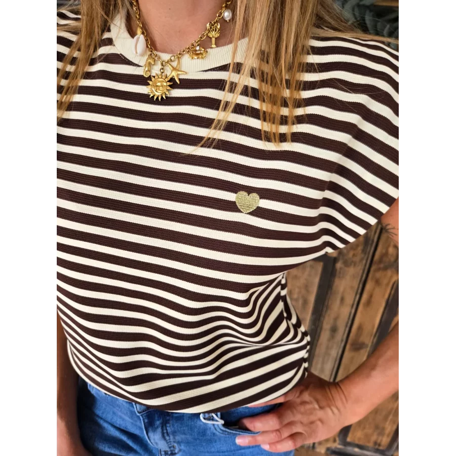 T-shirt Laurent rayé beige et choco coeur doré