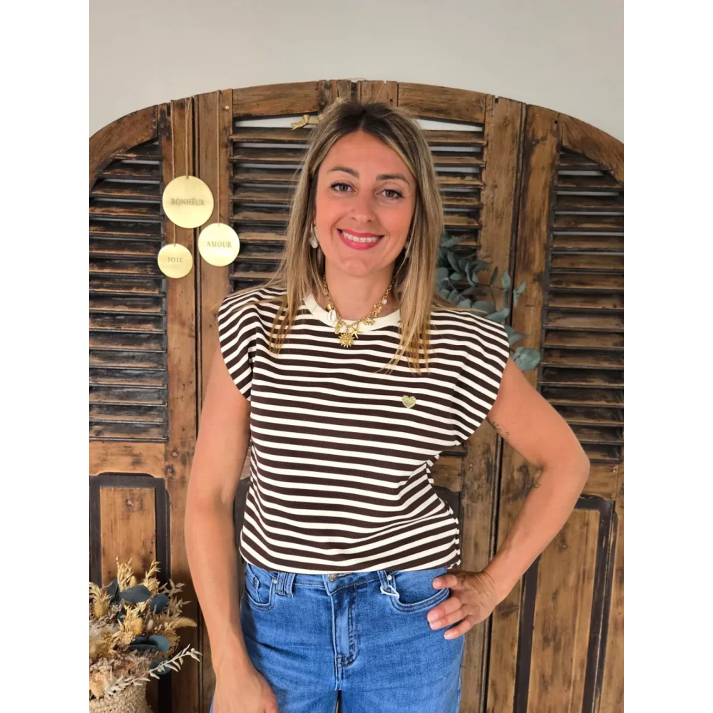 T-shirt Laurent rayé beige et choco coeur doré