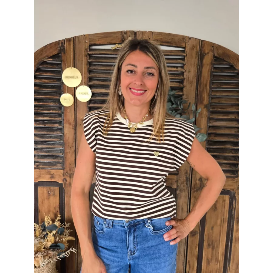 T-shirt Laurent rayé beige et choco coeur doré
