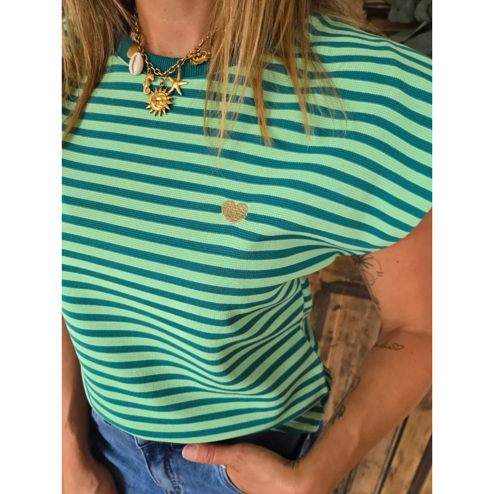 T-shirt Laurent rayé vert coeur doré