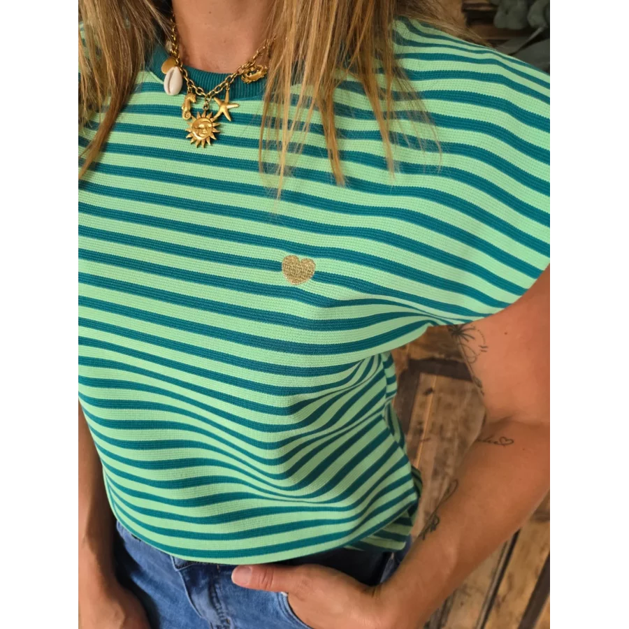 T-shirt Laurent rayé vert coeur doré