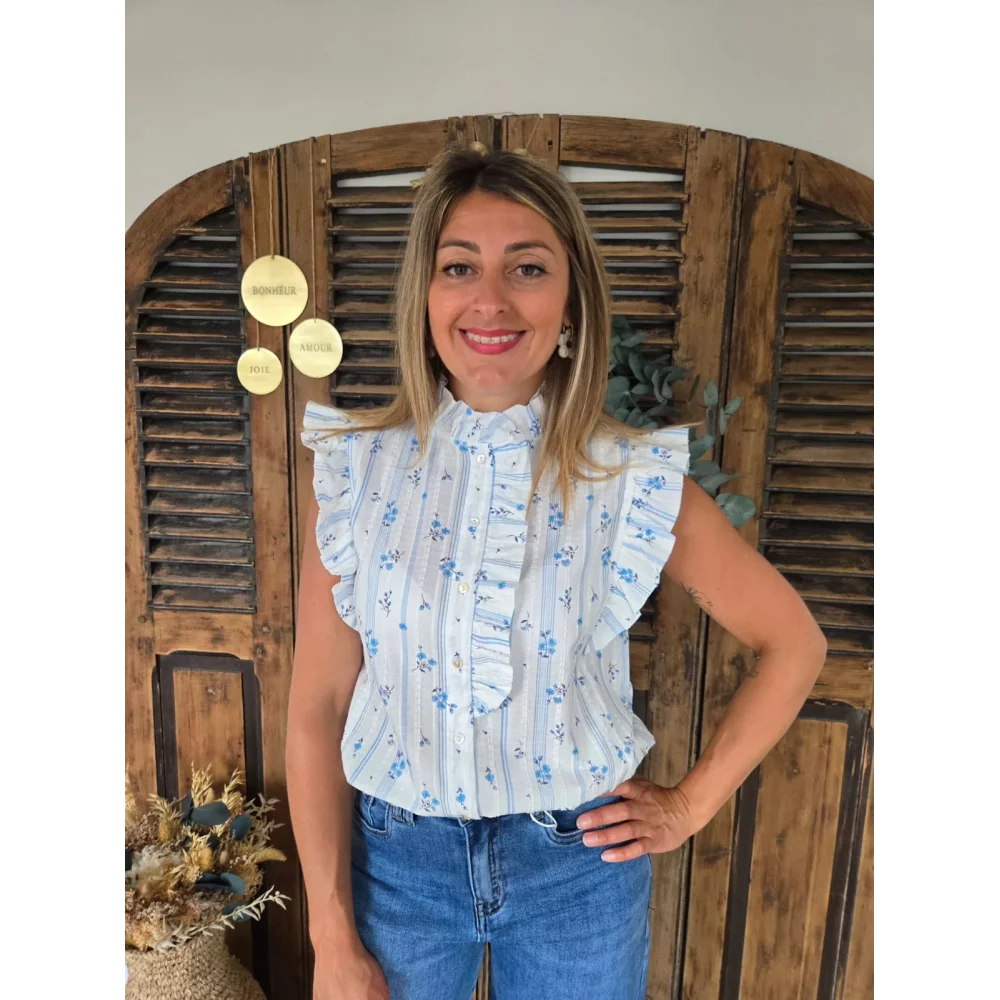 Chemise Cathel fleurs et rayures bleu