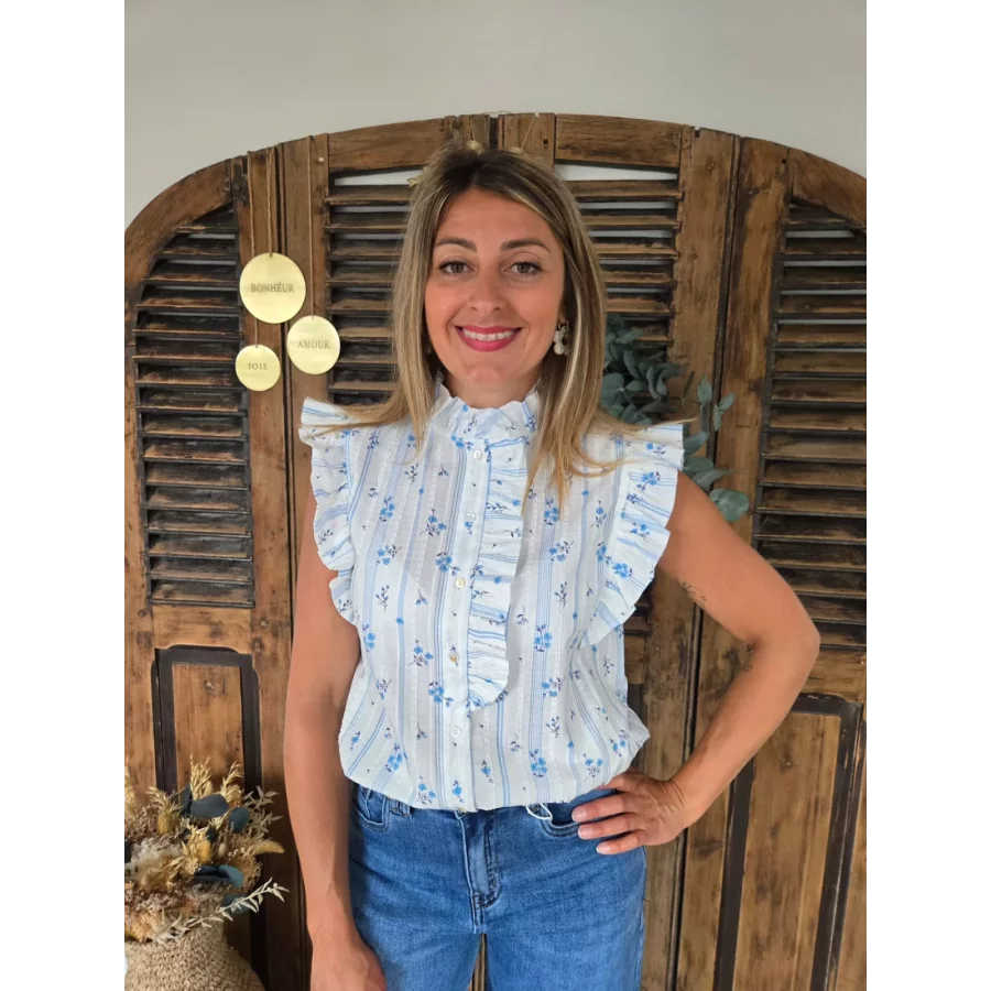 Chemise Cathel fleurs et rayures bleu