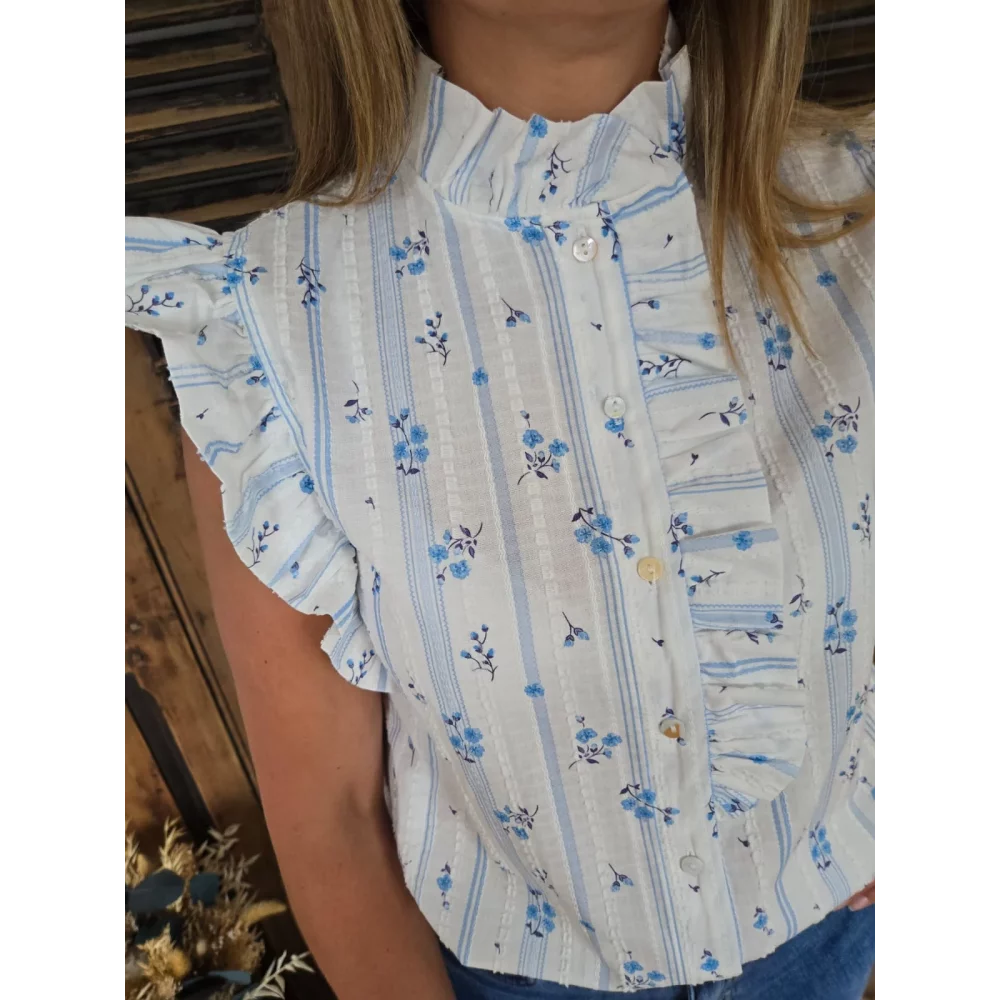 Chemise Cathel fleurs et rayures bleu