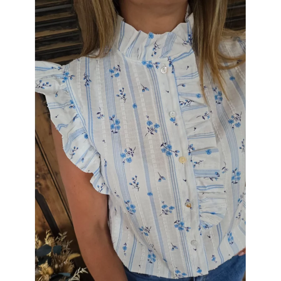 Chemise Cathel fleurs et rayures bleu