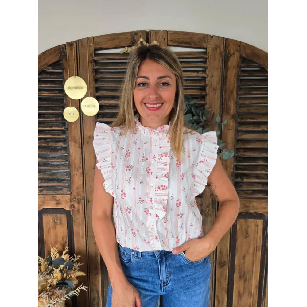 Chemise Cathel fleurs et rayures rose