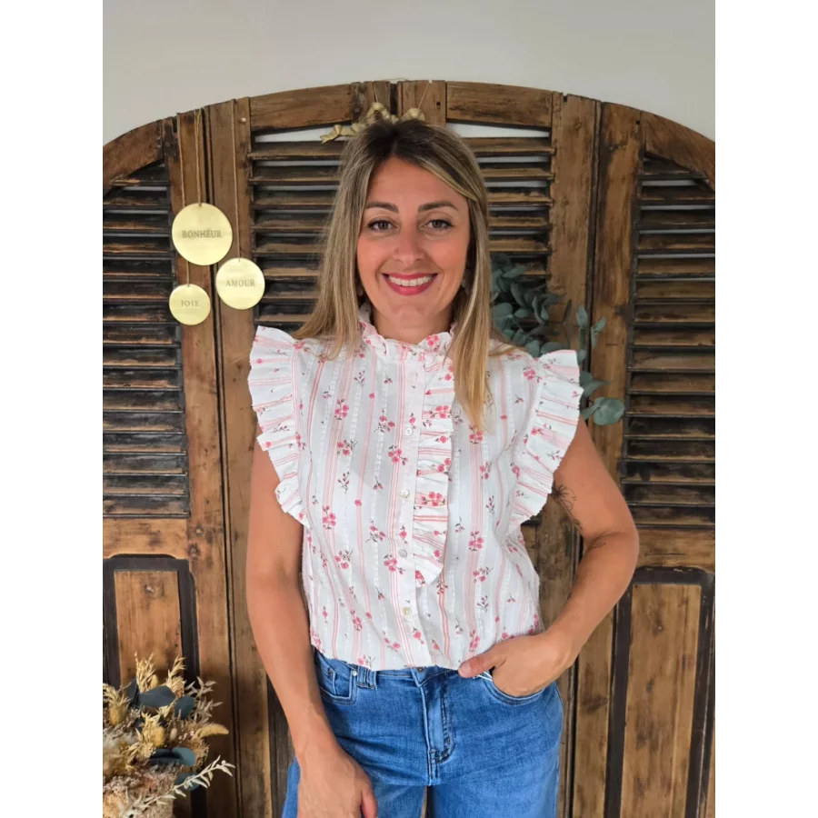 Chemise Cathel fleurs et rayures rose