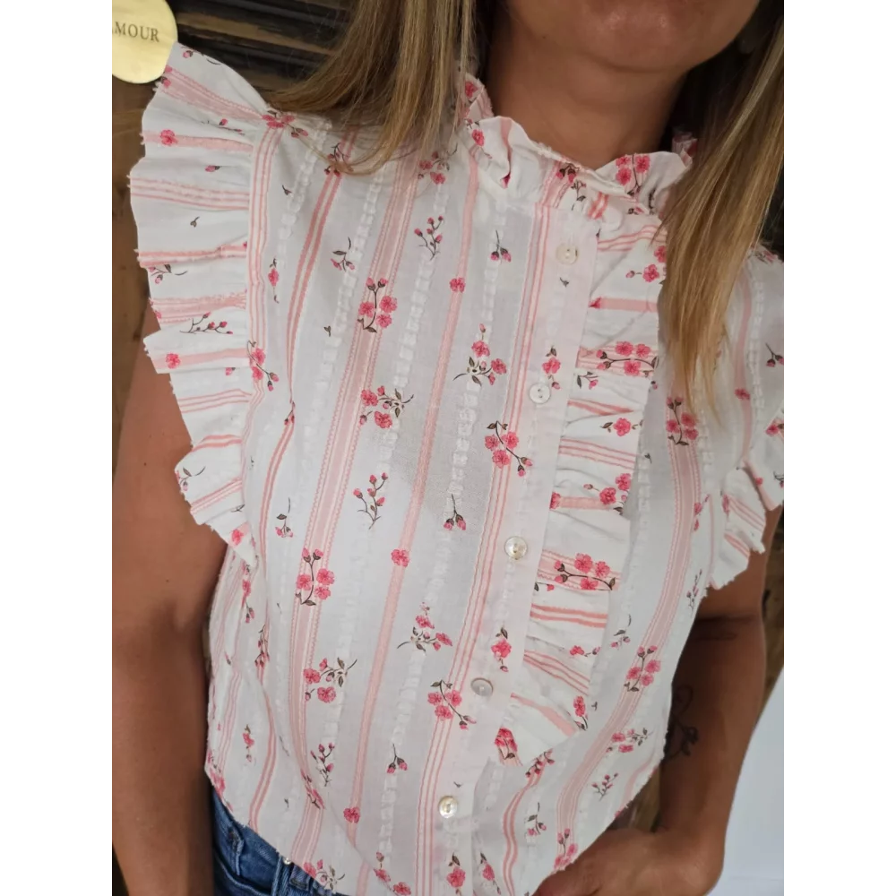 Chemise Cathel fleurs et rayures rose