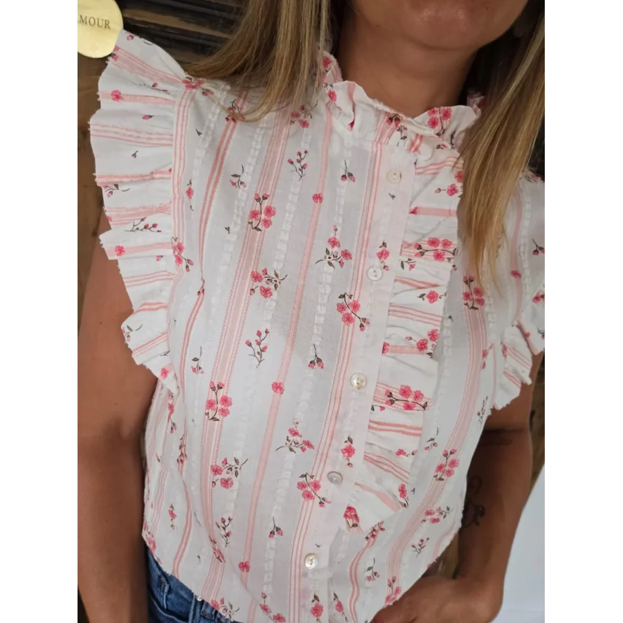 Chemise Cathel fleurs et rayures rose