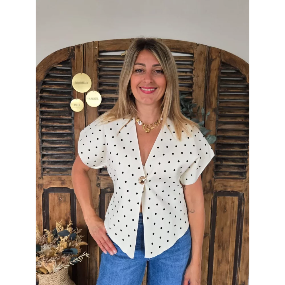 Blouse Flavie maille ecru à pois