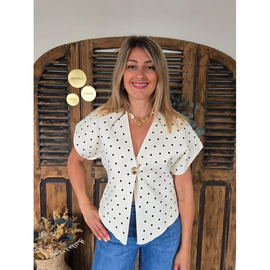 Blouse Flavie maille ecru à pois