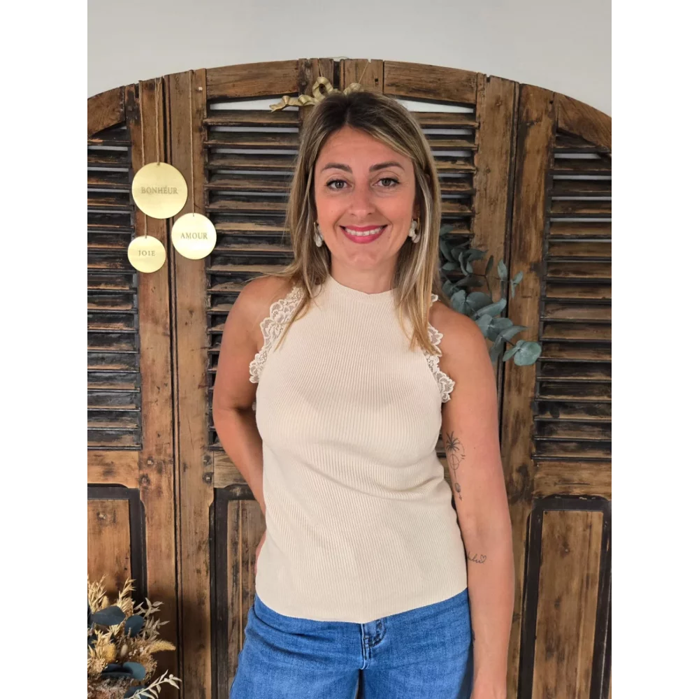 Top Sami beige maille et dentelle